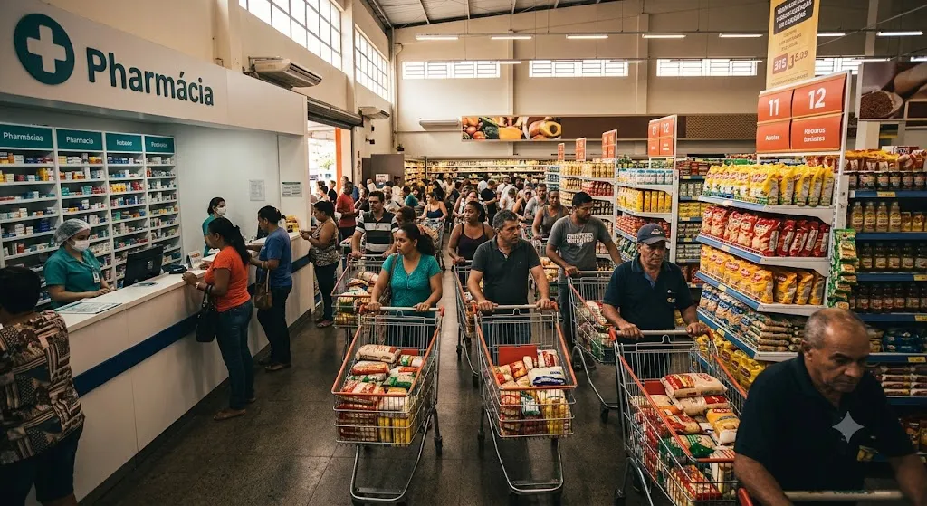As redes de supermercados e farmácias como escudos anticrise. Imagem gerada por IA