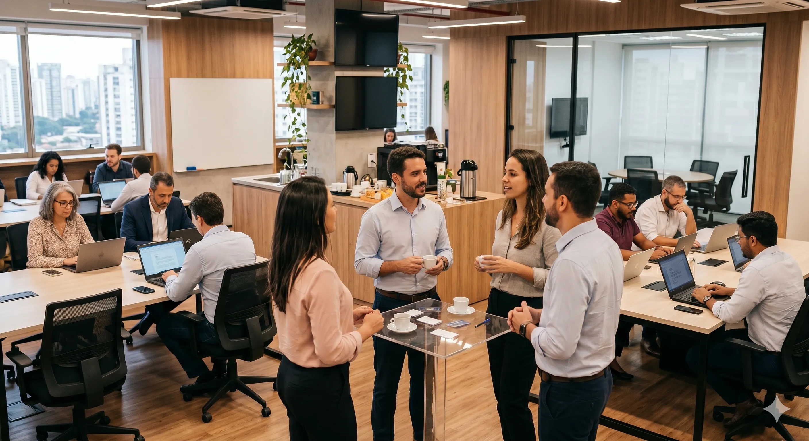 Networking em coworkings impulsiona negócios. Imagem gerada por IA